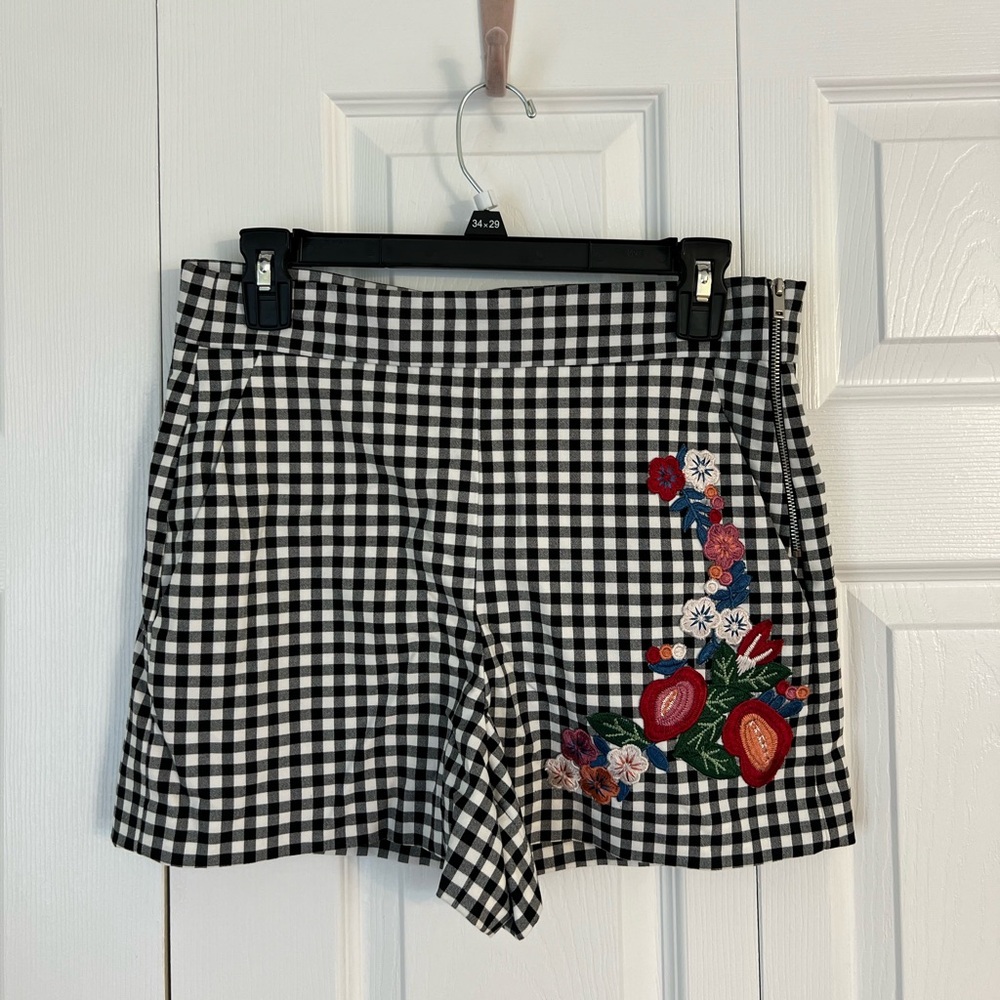 Zara Checkered Shorts with Floral Embroidery
